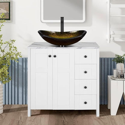 32" White Bathroom Vanity with Marble Texture Top and 4 Drawers, Modern Standing Pedestal Cabinet with Gold Boat Glass Vessel Sink