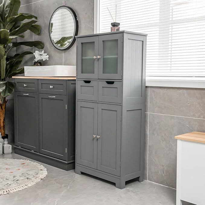 Giantex Bathroom Floor Storage Cabinet - Freestanding Cabinet with 2 Glass Doors, 2 Drawers & Adjustable Shelves, Multifunctional 50.5” Tall Storage Organizer Cupboard for Kitchen, Living Room (Gray)