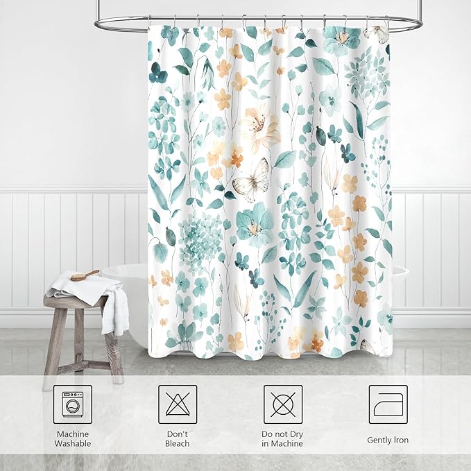 Extra Long Shower Curtain 72 x 96 Inch, Floor to Ceiling X-Long Teal Floral Shower Curtains, Turquoise Watercolor Flower Butterfly Fabric Shower Curtain Set with Hooks