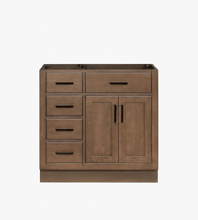 ARIEL Hepburn 36-inch Bathroom Vanity Base Cabinet,Solid Wood, 2 Soft Closing Doors, 5 Dovetail Drawers, Brown Oak