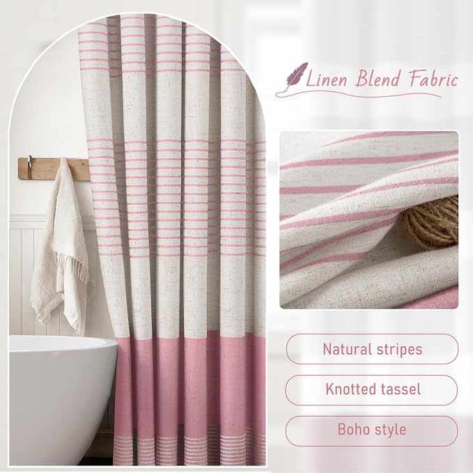 Pink Boho Linen Striped Shower Curtain with Tassel 72" W X 72" L | Boho Farmhouse Shower Curtains with Linen Texture for Bathroom Decor