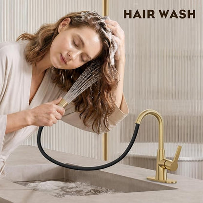 Brushed Gold Tall Bathroom Sink Faucet with Pull Down Sprayer, High Arc Single Handle Pull Out Faucet with Pop-Up Drain, 1 or 3 Hole Laundry Bar Basin Faucet with Deck Plate,WE10CL-ZY-BG