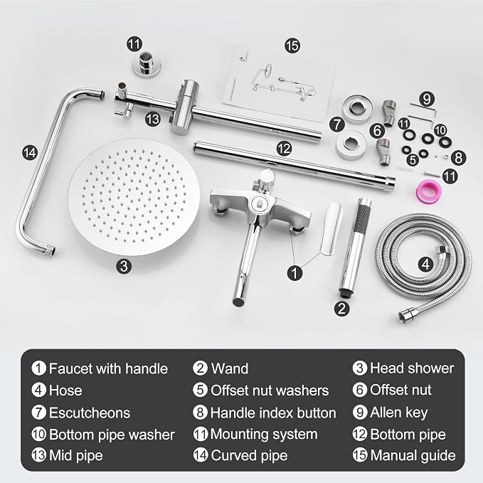 Outdoor Shower Fixtures - Total Complete Shower Kit, Chrome Finish with SS304 Handheld High Pressure Shower Head, 3-Functions