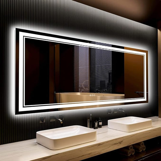 84x32 LED Bathroom Mirror with Lights, Backlit and Front Lit Anti-Fog Lighted Vanity Mirrors for Bathroom Wall, Dimmable, 3-Color Light, Memory, Shatter-Proof, HD Tempered Glass, CRI＞90