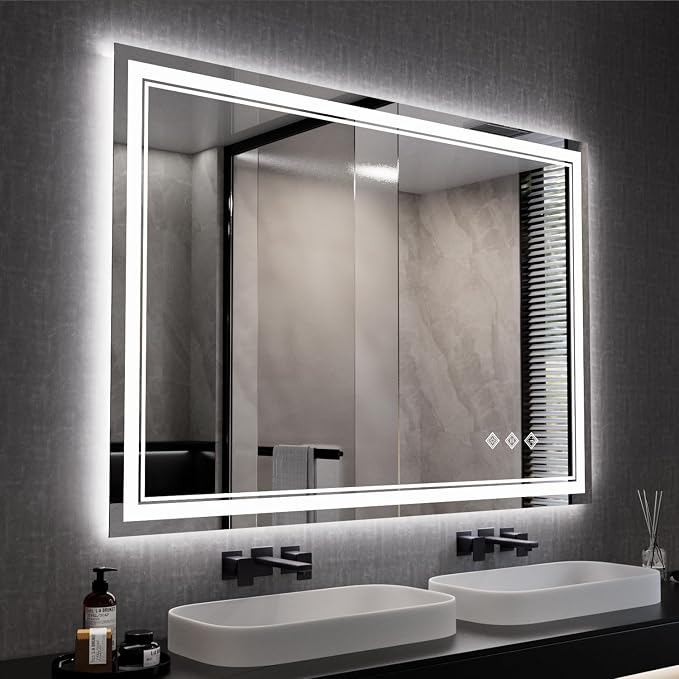 Bathroom Mirror, 44x30 Inch Gradient Front and Backlit Smart Mirror, 3 Colors Dimmable CRI>90 Double Lights, IP54 Enhanced Anti-Fog, Hanging Plates Wall Mount LED Mirror