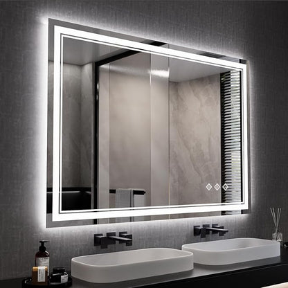 Bathroom Mirror, 44x30 Inch Gradient Front and Backlit Smart Mirror, 3 Colors Dimmable CRI>90 Double Lights, IP54 Enhanced Anti-Fog, Hanging Plates Wall Mount LED Mirror