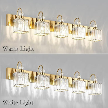 Ralbay Gold Crystal 5-Light Bathroom Vanity Lights Over Mirror Modern Crystal Gold Bathroom Vanity Lighting