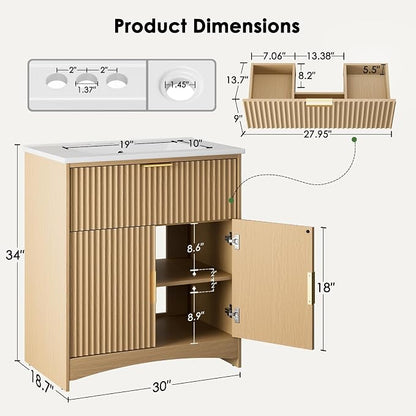 Marsail 30 Inch Bathroom Vanity with Sink, Wood Bathroom Vanities Modern Fluted Vanity Bathroom Cabinet with Drawer, Freestanding Ceramic Vanity Sinks for Bathrooms, Natural Oak