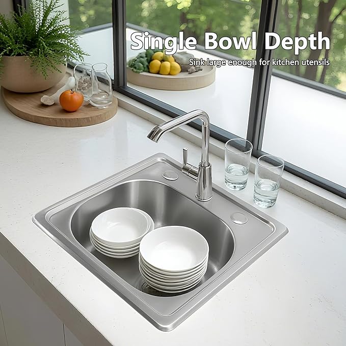 15 inch Stainless Steel Bar Sink, 2-hole Single Bowl Topmount Brushed Drop in RV Sink with Drainer