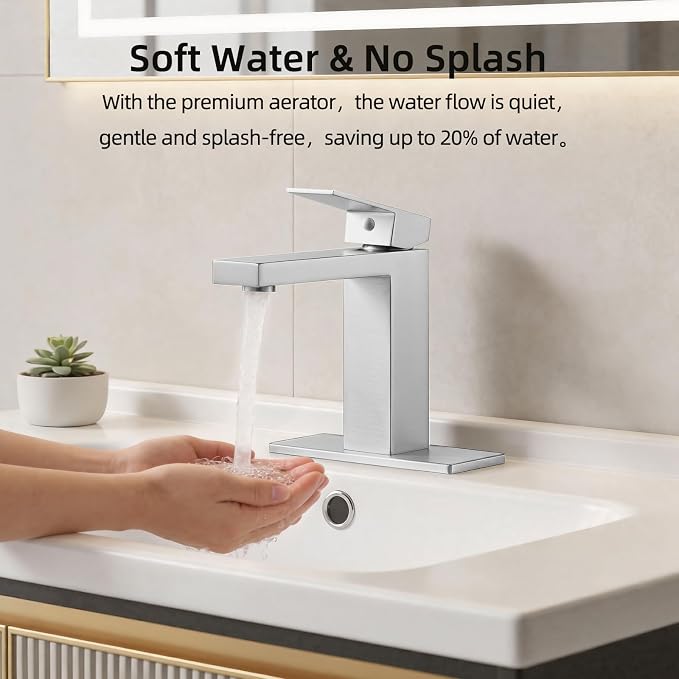 Bathroom Faucet, Brushed Nickel,SUS304 Stainless Steel Lead-Free | Vanity Faucet with Deck Plate & Pop-Up Drain, Single/3 Hole Installation, for Farmhouse, Bathroom Sink, Vanity, Washbasin, RV