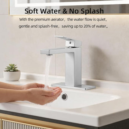Bathroom Faucet, Brushed Nickel,SUS304 Stainless Steel Lead-Free | Vanity Faucet with Deck Plate & Pop-Up Drain, Single/3 Hole Installation, for Farmhouse, Bathroom Sink, Vanity, Washbasin, RV