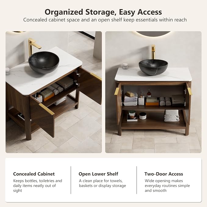 Yayzy 36 Inch Bathroom Vanity with Sink, Freestanding Dark Walnut Bathroom Cabinet, Black Marble Pattern Vessel Sink, Carrara White Sintered Stone Countertop, Soft Close Doors, Open Storage Shelf