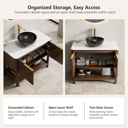 Yayzy 36 Inch Bathroom Vanity with Sink, Freestanding Dark Walnut Bathroom Cabinet, Black Marble Pattern Vessel Sink, Carrara White Sintered Stone Countertop, Soft Close Doors, Open Storage Shelf