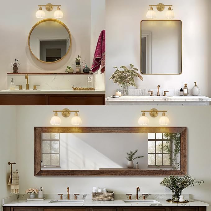 Gold 2 Light Bathroom Vanity Light,14.9in Modern Bathroom Lighting Fixtures Over Mirror with Milky White Tulip Crystal Glass Shade,Brass Vintage Vanity Lights for Bathroom Living Room Bedroom