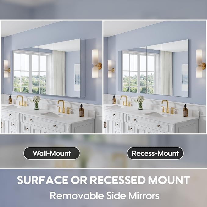 80" x 36" Bathroom Medicine Cabinet with Mirror, Anodized Chrome Aluminum Frame, Surface Mount or Recessed Medicine Cabinet with Mirror, Bathroom Mirror with Storage, Four Doors