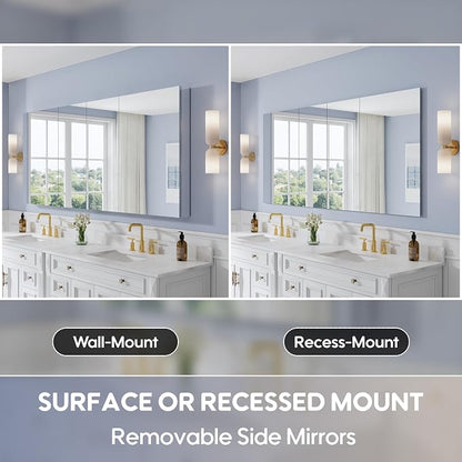 80" x 36" Bathroom Medicine Cabinet with Mirror, Anodized Chrome Aluminum Frame, Surface Mount or Recessed Medicine Cabinet with Mirror, Bathroom Mirror with Storage, Four Doors