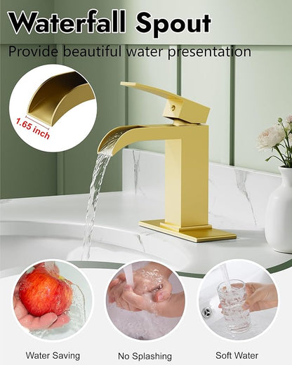 Midanya Waterfall Bathroom Faucet, Single Handle Bathroom Sink Faucet for Sink 1 or 4 Inch 3 Hole, Stainless Steel Vanity Faucets with Deck Plate and Pop up Drain,Brushed Gold