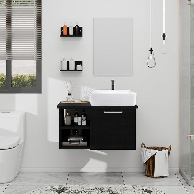 YOURLITE 28" Wall Mounted Bathroom Vanity, Floating Modern Lavatory Wood Cabinet with Mirror White Ceramic Porcelain Sink Combo Vanities Set