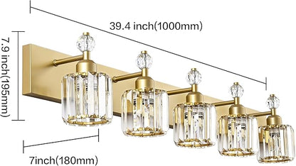 PRESDE 5-Crystal Bathroom Vanity Light Modern Gold Bathroom Lights Fixtures Over Mirror Modern Bath Wall Lighting