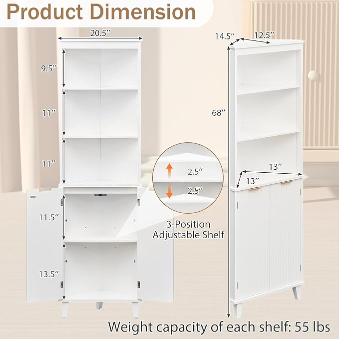 Giantex 68" Tall Corner Cabinet with Fluted Doors (White) | Modern Bathroom Floor Storage Cabinet, 6-Tier Space Saver Display Shelves for Kitchen, Living Room, Hallway, Laundry