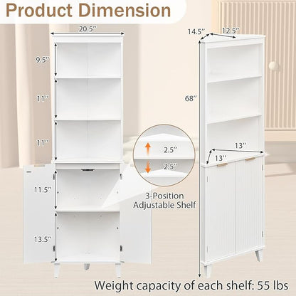 Giantex 68" Tall Corner Cabinet with Fluted Doors (White) | Modern Bathroom Floor Storage Cabinet, 6-Tier Space Saver Display Shelves for Kitchen, Living Room, Hallway, Laundry