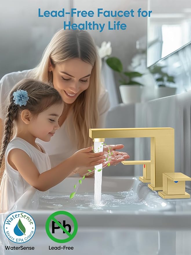 Cobbe Bathroom Faucets for Sink 3 Hole, Brushed Gold Bathroom Sink Faucet Square 8 inch Widespread with Pop-Up Drain, 2 Handle and 2 Supply Hoses, Lead-Free Stainless Steel for Vanity, Rv, Farmhouse