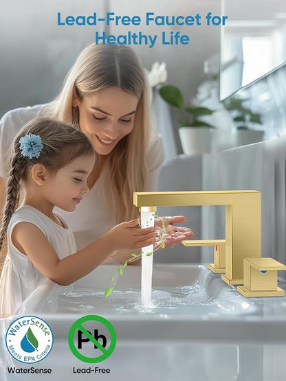 Cobbe Bathroom Faucets for Sink 3 Hole, Brushed Gold Bathroom Sink Faucet Square 8 inch Widespread with Pop-Up Drain, 2 Handle and 2 Supply Hoses, Lead-Free Stainless Steel for Vanity, Rv, Farmhouse