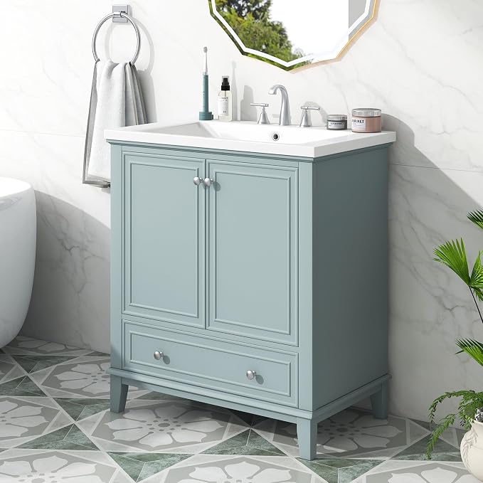 30" Bathroom Vanity with Sink Combo,Doors and Drawer,Solid Wood Cabinets Basin Vessel Set w/Adjustable Shelf & Metal Overflow,Stainless Steel Hinges,Green