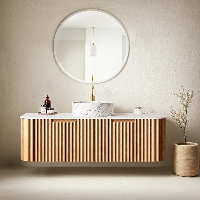48" Floating Bathroom Vanity with Sink, Plywood Bathroom Storage Cabinet with Ultra-Thin Marble Ceramic Basin and Countertop, Large Soft-Closing Storage Drawer, Pre-Assembled, Nature Wood