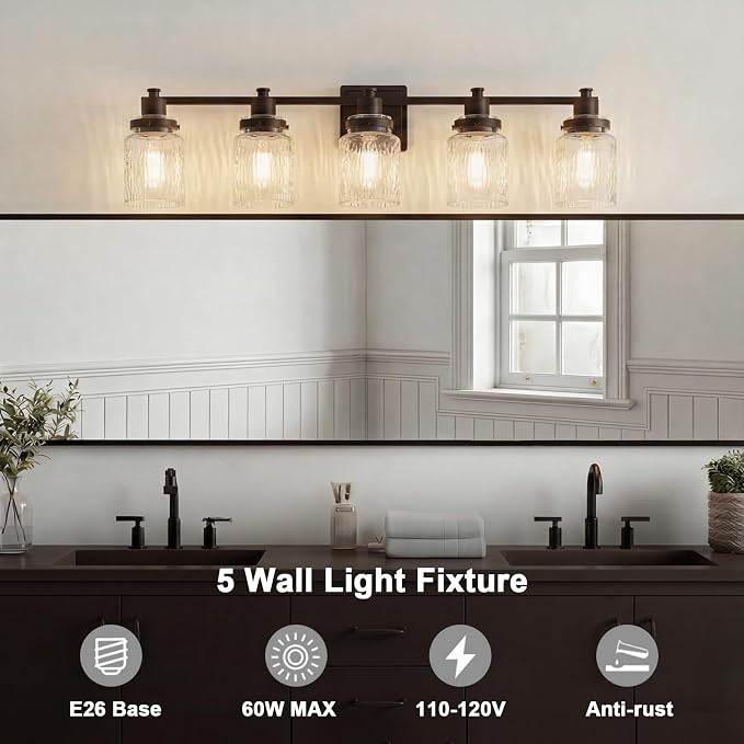 5 Light Bathroom Vanity Light Fixtures Farmhouse Oil Rubbed Bronze | ETL Certificate, Easy to Install,Wall Mount Up or Down,Hammered Glass Lampshade,E26 Socket,Hardwired,120V