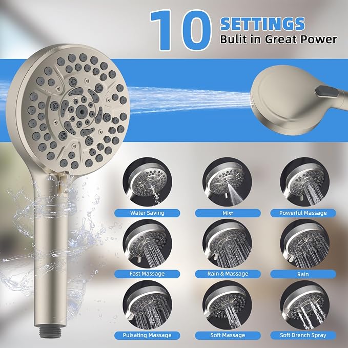 8" Metal Rainfall Shower Head with 10-Mode Handheld, Brushed Nickel | NSF/ANSI/CAN 372 Certified, High Pressure Showerhead Combo with 11" Adjustable Shower Arm, 71" Hose, Shower Head Holder