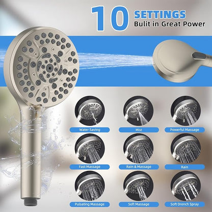 8" Metal Rainfall Shower Head with 10-Mode Handheld, Brushed Nickel | NSF/ANSI/CAN 372 Certified, High Pressure Showerhead Combo with 11" Adjustable Shower Arm, 71" Hose, Shower Head Holder