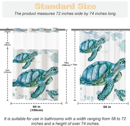 Beach Nautical Sea Turtle Theme No Hook Waffle Weave Shower Curtain with Snap in Liner Nautical Beach Bathroom Blue Ocean Decor Set 60 W x 74 H Inch Teal