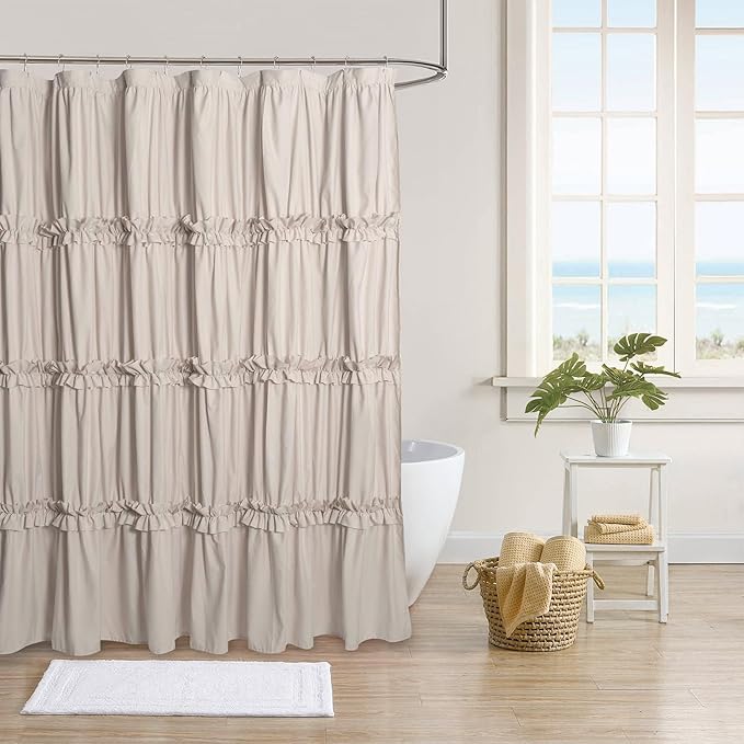 Farmhouse Ruffle Shower Curtain, Camel, 72 x 72 in | Decorative Elegant Bathroom Curtain with 12 Holes, Soft Ruched Microfiber Fabric, Vintage Handmade Design