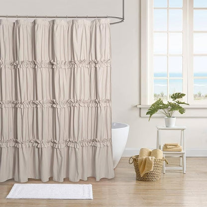 Farmhouse Ruffle Shower Curtain, Camel, 72 x 72 in | Decorative Elegant Bathroom Curtain with 12 Holes, Soft Ruched Microfiber Fabric, Vintage Handmade Design