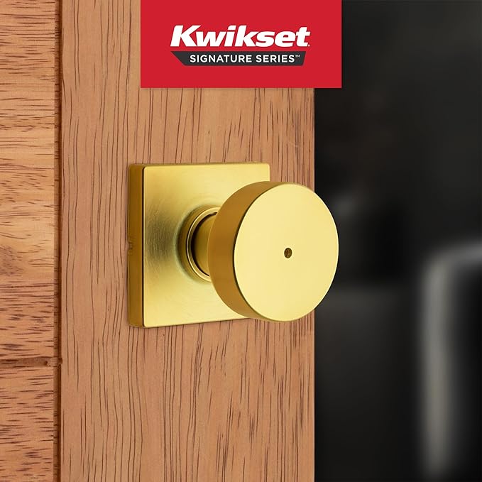 Kwikset Pismo Interior Privacy Door Knob with Lock, Door Handle for Bathroom and Bedroom, Satin Brass, Square, Keyless Turn Lock Doorknob, Microban Protection (Pack of 10)