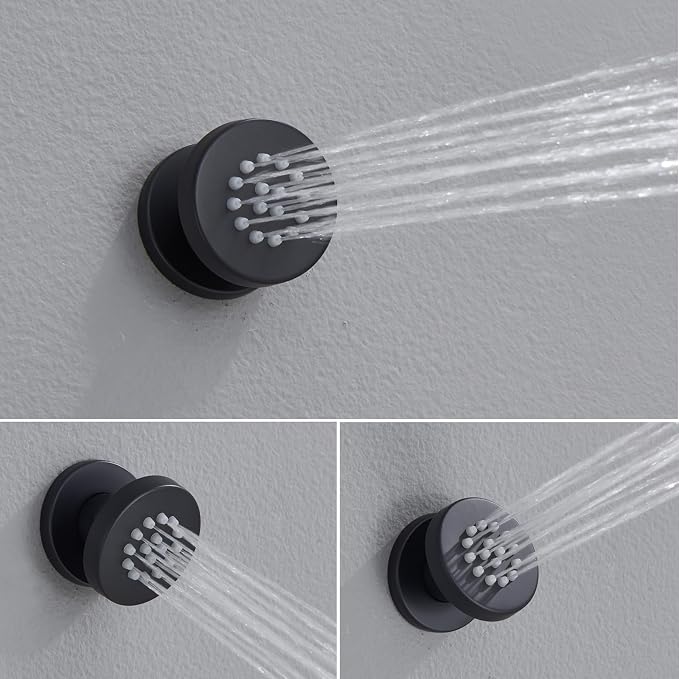 Iriber Mattle Black Round Rain Shower System with 4 PCS Body Jets 3 Function Shower Faucet Set Contain 12 Inch Shower Head and Handheld Wall Mounted Pressure Balance Shower Trim Kit (Valve Included)