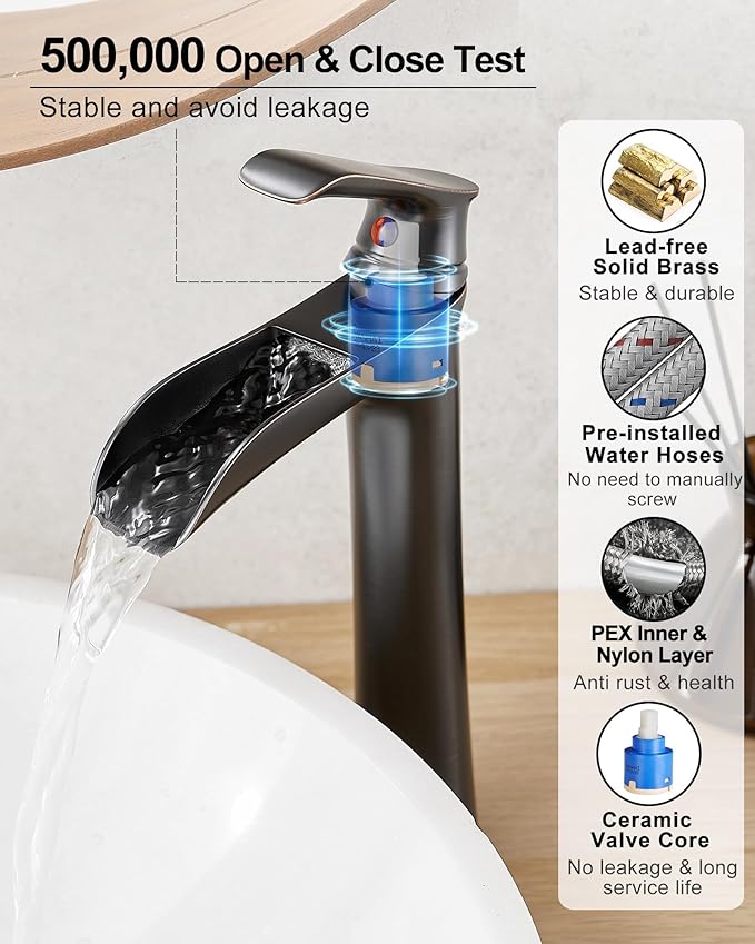 Vintage Oil Rubbed Bronze Waterfall Faucet for Bathroom Sink - Single Handle, 11 Inches Tall, 3-Layer Metal Filter, Anti-rust Brass Body, Easy Installation
