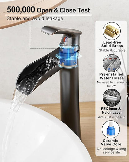 Vintage Oil Rubbed Bronze Waterfall Faucet for Bathroom Sink - Single Handle, 11 Inches Tall, 3-Layer Metal Filter, Anti-rust Brass Body, Easy Installation