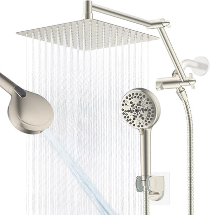 Metal Rain Shower Head with Handheld, 10" High-Pressure Showerhead,10-Mode | Brushed Nickel, Rainfall Shower Head with 5" Large Handheld, Adjustable 16" Shower Extension Arm/71" Hose, 3-Way Diverter