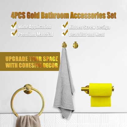 4Pcs Gold Bathroom Accessories Set, Brushed Gold Bathroom Hardware with Toilet Paper Holder,Towel Ring & Robe Hooks,Wall Mounted Stainless Steel Bathroom Hardware for Modern Home