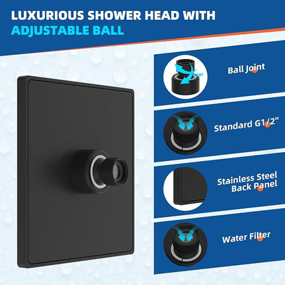 Hibbent cUPC Certified Thickness Metal 6'' Rain Shower Head, Matte Black | High Pressure Shower Head, Bathroom Waterfall Shower Heads, High Flow Fixed Showerheads with Adjustable Brass Ball Joint