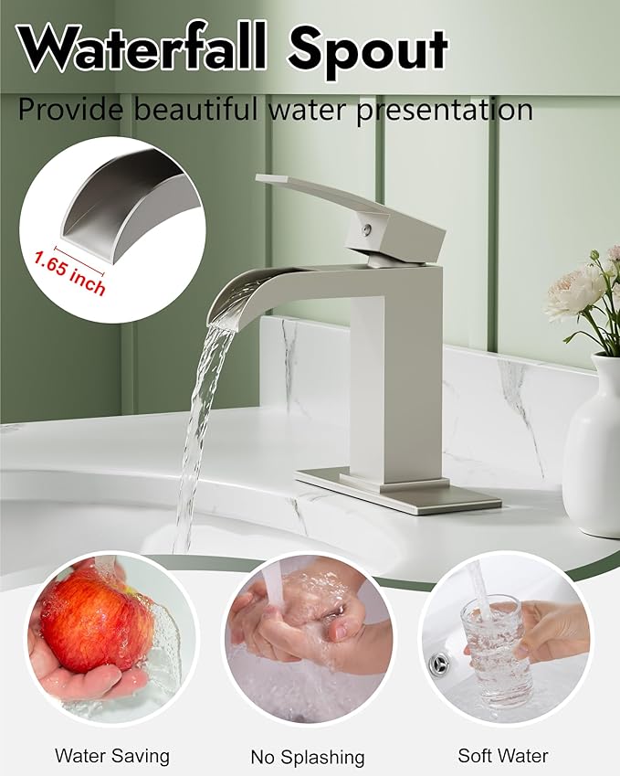 Midanya Waterfall Bathroom Faucet, Single Handle Bathroom Sink Faucet for Sink 1 or 4 Inch 3 Hole, Stainless Steel Vanity Faucets with Deck Plate and Pop up Drain,Brushed Nickel