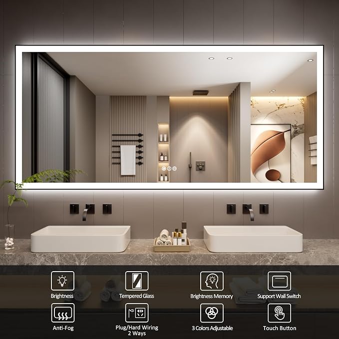 84x40 Inch LED Bathroom Mirror with Black Frame | Black Metal Frame, Front and Backlit, 3 Colors, Dimmable, Memory, Anti Fog, Tempered Glass, Lighted Mirror for Wall