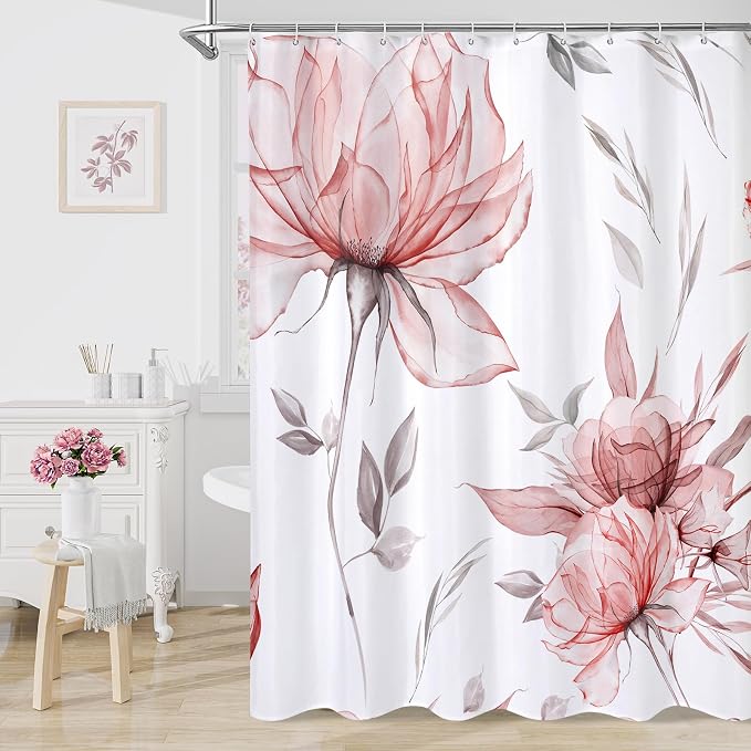Litabel Long Boho Watercolor Floral Shower Curtain 72 x 78, Red and Grey Ink Painting Style Flower Shower Curtains for Chic Elegant Bathroom, Artistic 78 Inch Long Fabric Shower Curtain