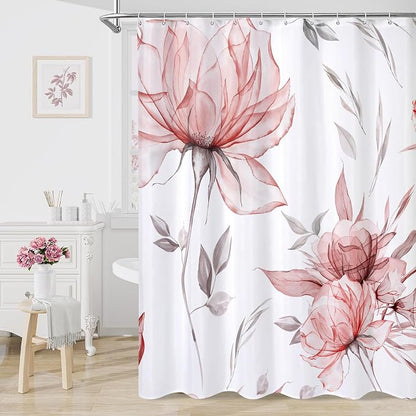 Litabel Long Boho Watercolor Floral Shower Curtain 72 x 78, Red and Grey Ink Painting Style Flower Shower Curtains for Chic Elegant Bathroom, Artistic 78 Inch Long Fabric Shower Curtain