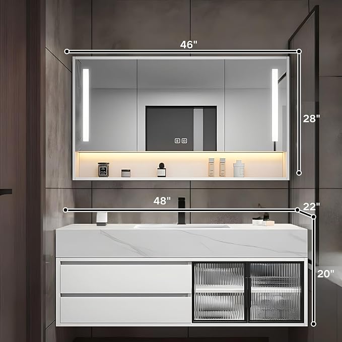 48" Floating Bathroom Vanity,Bathroom Vanity with Sink Set Includes Open LED Smart Defog Mirror Cabinet, Modern Bath Vanity with Drawers,Wall-Mounted Bathroom Vanities,White