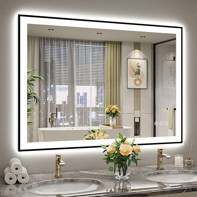 48x36 LED Bathroom Mirror with Lights, Black Framed Lighted Mirror | Backlit and Front Light, Anti-Fog, 3 Color Dimmable, Memory, Tempered Glass, IP54 Waterproof, UL Listed