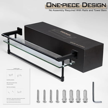 Glass Shelves for Bathroom with Towel Bar/Rack 24" Tempered Glass Shelves with Stainless Steel Towel Holder for Wall Shelf Sink Over Toilet (Matte Black)