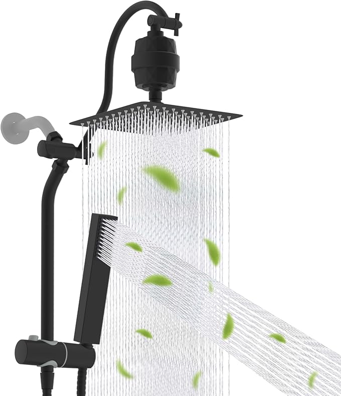 Hibbent 10'' Filtered Shower Head with 4-mode Handheld Spray, Matte Black | High Pressure Showerhead Combo, 12'' Adjustable Extension Arm, Shower Filter, Extension Bar, Easy Reach Holder, 71'' Hose